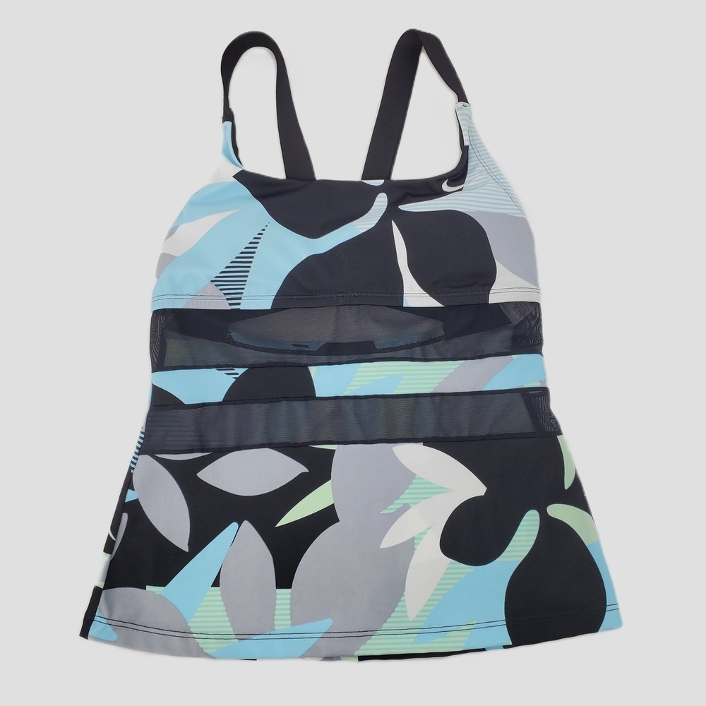 Nike Swim Tankini Top Small Floral Print Blue Black Mesh Racerback Built in Bra